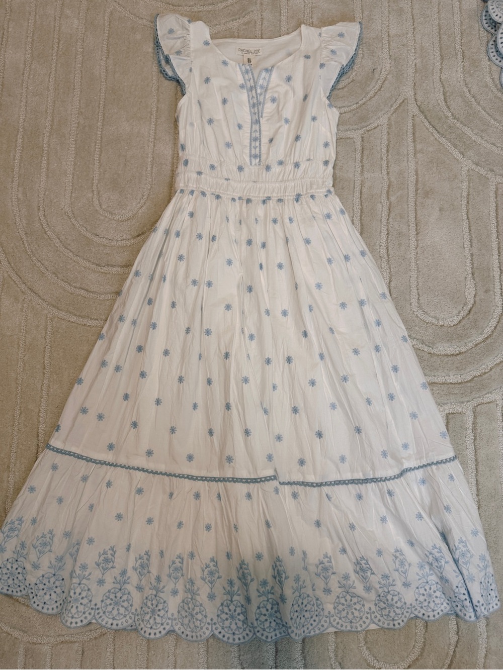 Rachel Zoe White Maxi Dress with Light Blue Embroidery